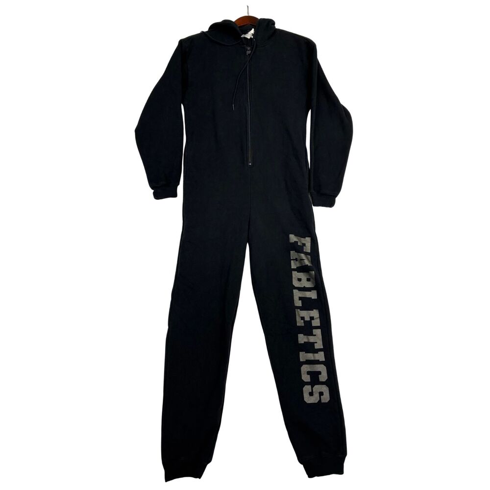 Fabletics Womens XS Black Hooded Jumpsuit One Piece Zip Front Jogger Sweatshirt
